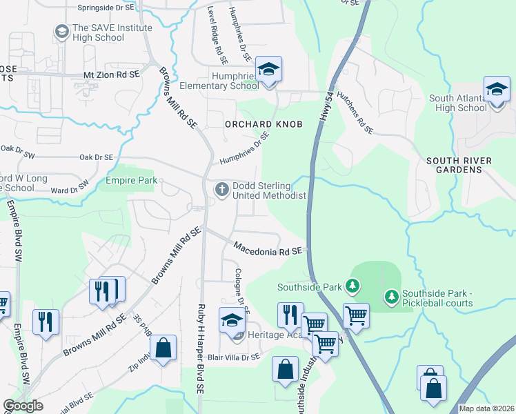 map of restaurants, bars, coffee shops, grocery stores, and more near 3245 Jonesboro Road Southeast in Atlanta