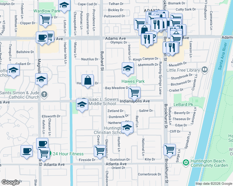 map of restaurants, bars, coffee shops, grocery stores, and more near 20441 Whitetree Circle in Huntington Beach