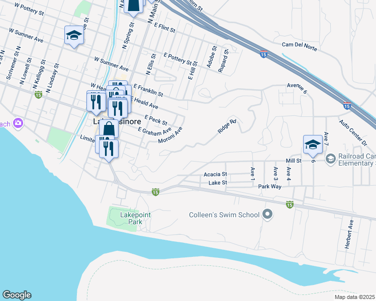 map of restaurants, bars, coffee shops, grocery stores, and more near Ridge Road in Lake Elsinore