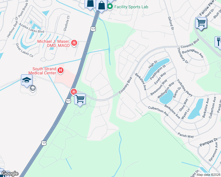 map of restaurants, bars, coffee shops, grocery stores, and more near 2300 Lark Sparrow Street in Myrtle Beach