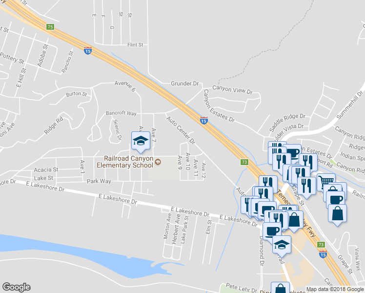 map of restaurants, bars, coffee shops, grocery stores, and more near 1620 Griffin Way in Lake Elsinore