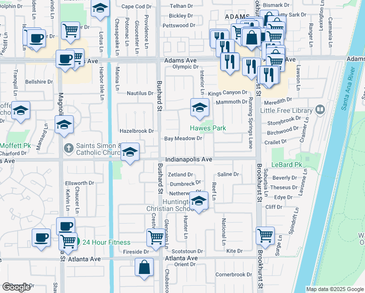 map of restaurants, bars, coffee shops, grocery stores, and more near 20441 Whitetree Circle in Huntington Beach