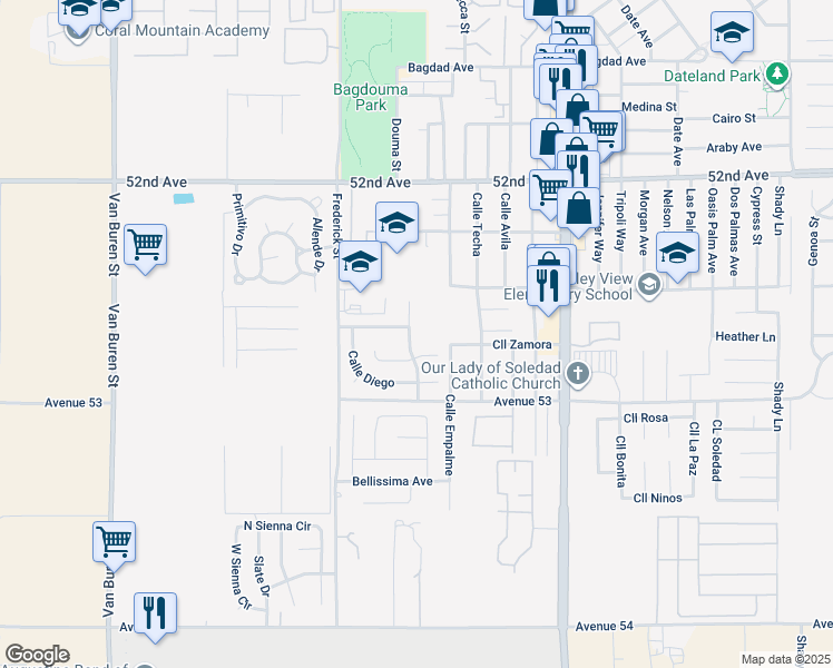 map of restaurants, bars, coffee shops, grocery stores, and more near 52852 Calle Leandro in Coachella