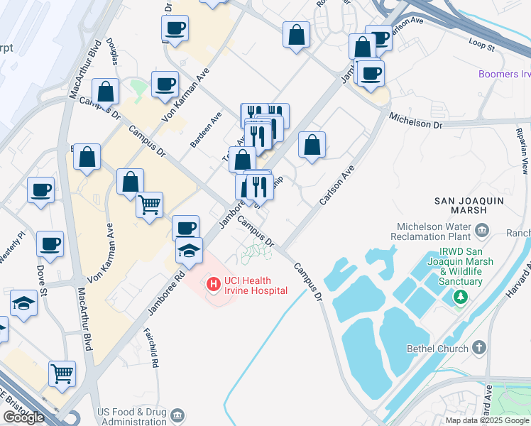 map of restaurants, bars, coffee shops, grocery stores, and more near 6280 Scholarship in Irvine