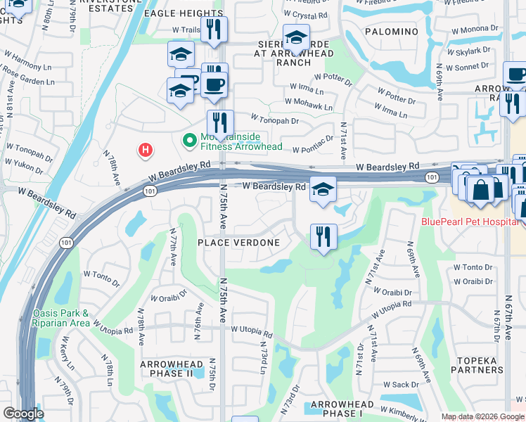map of restaurants, bars, coffee shops, grocery stores, and more near 7400 West Arrowhead Clubhouse Drive in Glendale