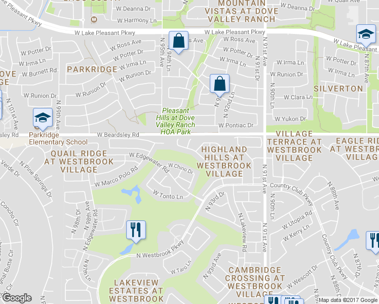map of restaurants, bars, coffee shops, grocery stores, and more near 9373 West Escuda Drive in Peoria