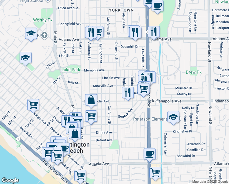 map of restaurants, bars, coffee shops, grocery stores, and more near 1001 Delaware Street in Huntington Beach