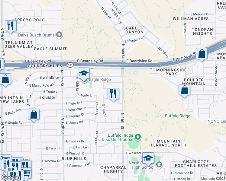 map of restaurants, bars, coffee shops, grocery stores, and more near 19803 N 15th St in Phoenix