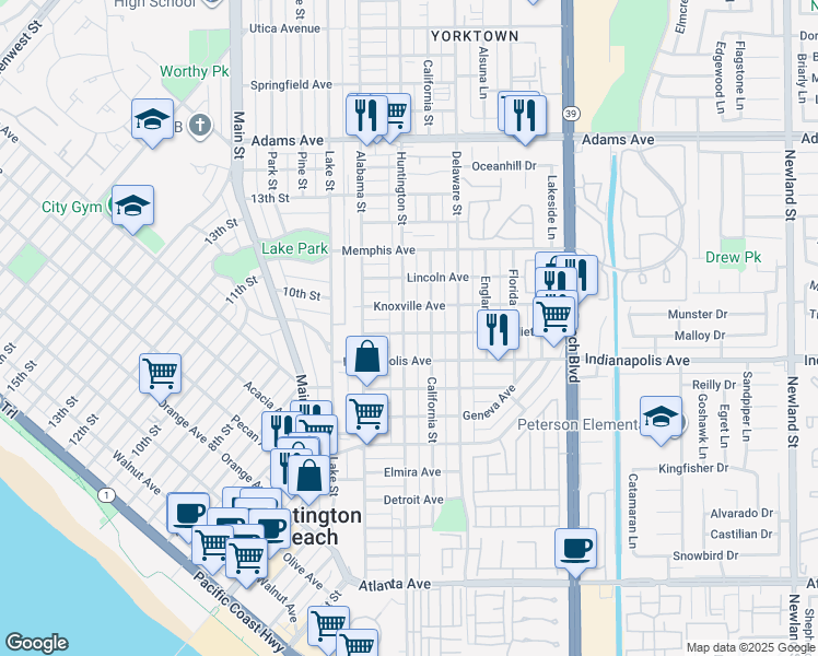 map of restaurants, bars, coffee shops, grocery stores, and more near 1004 Huntington Street in Huntington Beach
