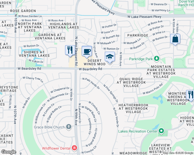 map of restaurants, bars, coffee shops, grocery stores, and more near 20005 North Matador Court in Sun City