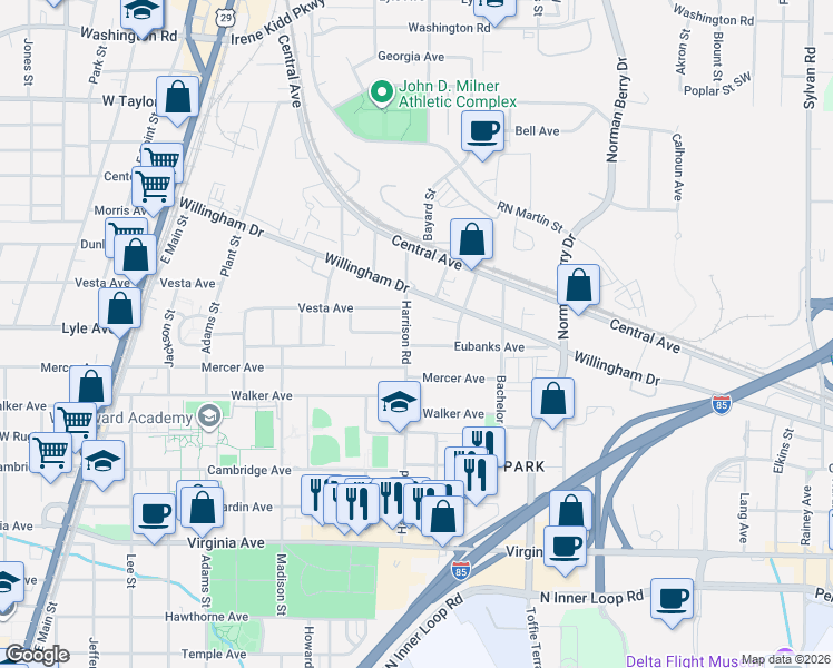 map of restaurants, bars, coffee shops, grocery stores, and more near 1314 Egan Way in East Point
