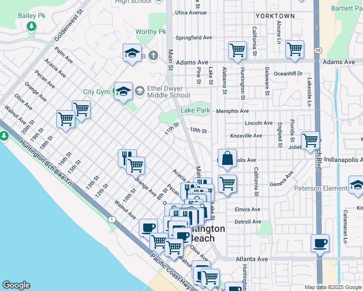 map of restaurants, bars, coffee shops, grocery stores, and more near 315 Crest Avenue in Huntington Beach