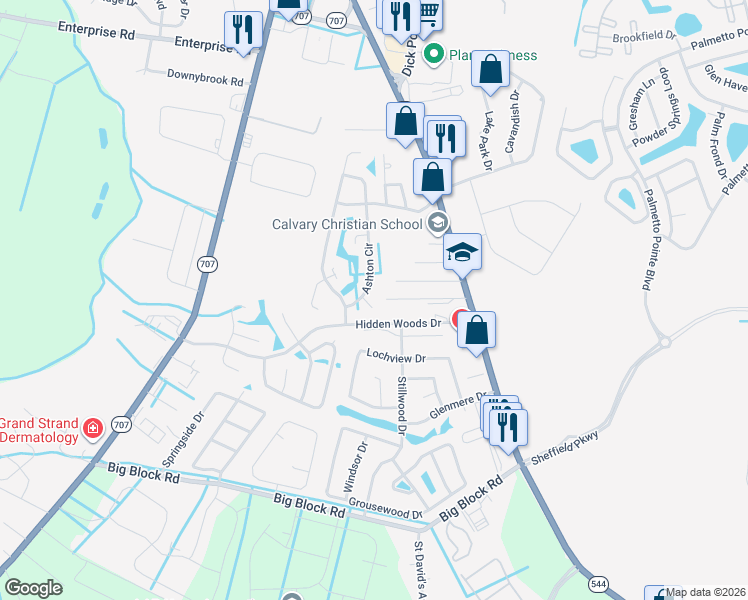 map of restaurants, bars, coffee shops, grocery stores, and more near 103 Heatherwood Court in Myrtle Beach
