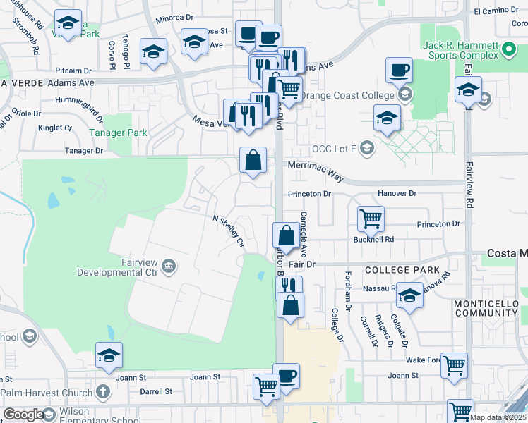 map of restaurants, bars, coffee shops, grocery stores, and more near 2547 Cornerstone Lane in Costa Mesa
