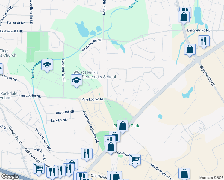 map of restaurants, bars, coffee shops, grocery stores, and more near 849 Park Place Northeast in Conyers