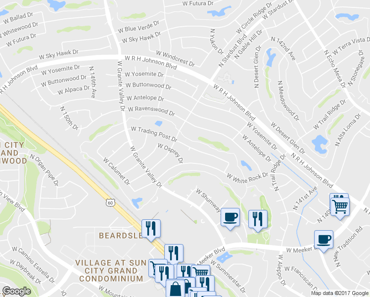 map of restaurants, bars, coffee shops, grocery stores, and more near 14523 W Trading Post Dr in Sun City West