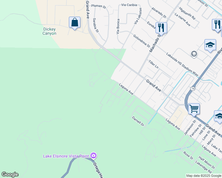 map of restaurants, bars, coffee shops, grocery stores, and more near 33271 Mandaville Way in Lake Elsinore