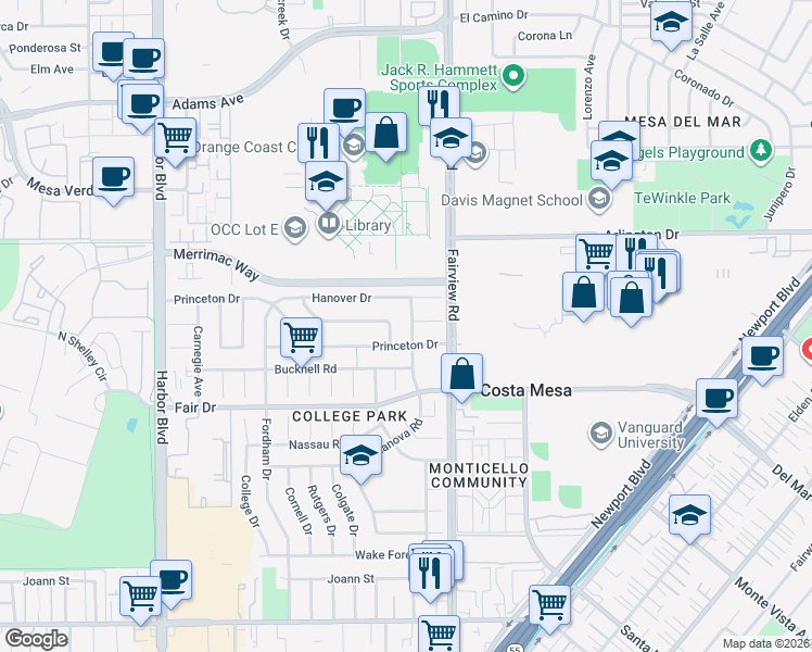 map of restaurants, bars, coffee shops, grocery stores, and more near 2563 Columbia Drive in Costa Mesa