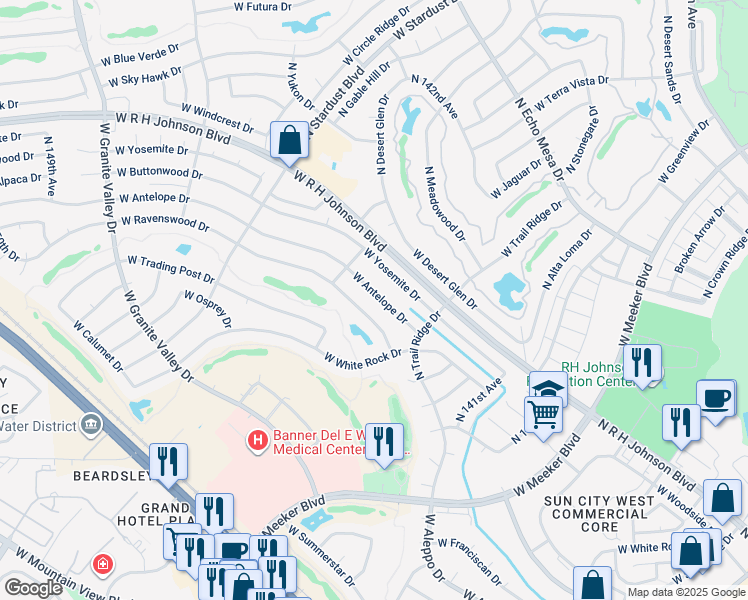 map of restaurants, bars, coffee shops, grocery stores, and more near 14403 West Antelope Drive in Sun City West