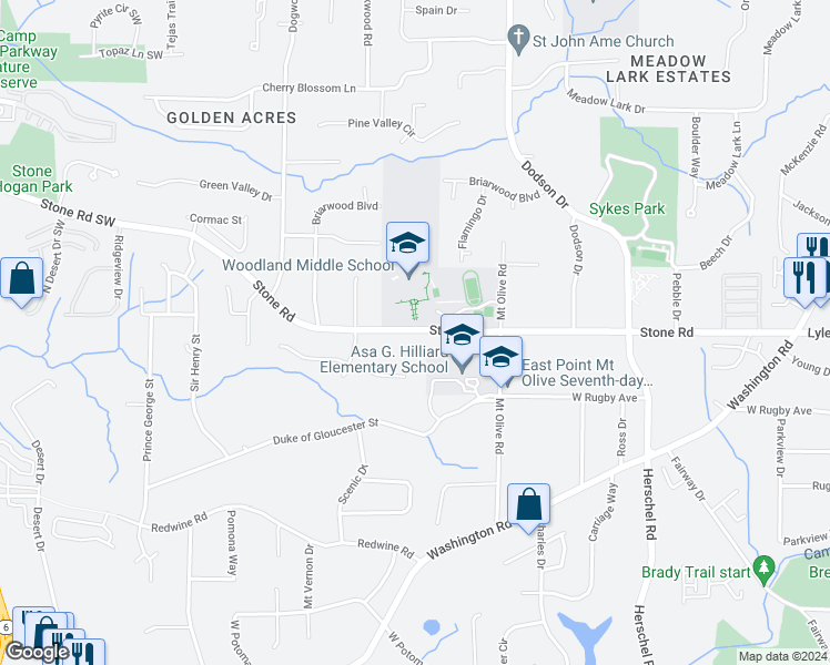 map of restaurants, bars, coffee shops, grocery stores, and more near 2800 Stone Road in Atlanta