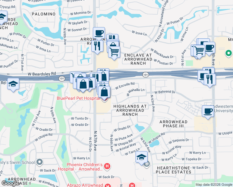 map of restaurants, bars, coffee shops, grocery stores, and more near 6498 West Wahalla Lane in Glendale