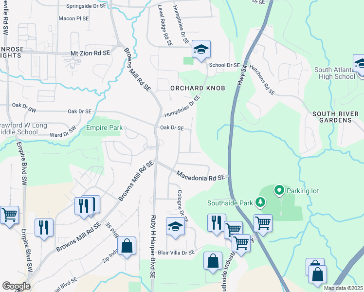 map of restaurants, bars, coffee shops, grocery stores, and more near 3268 Renault Road Southeast in Atlanta
