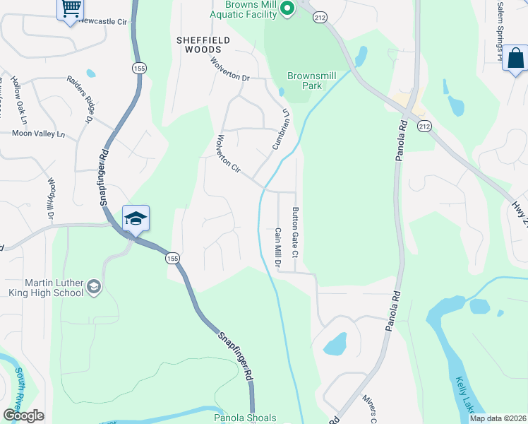 map of restaurants, bars, coffee shops, grocery stores, and more near 3857 Cain Mill Drive in Stonecrest