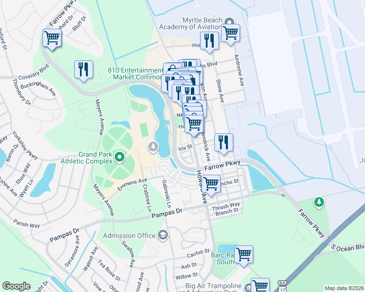 map of restaurants, bars, coffee shops, grocery stores, and more near 851 Iris Street in Myrtle Beach