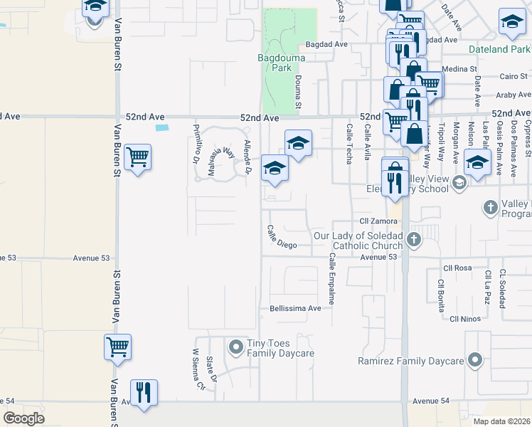 map of restaurants, bars, coffee shops, grocery stores, and more near 52821 Calle Diego in Coachella