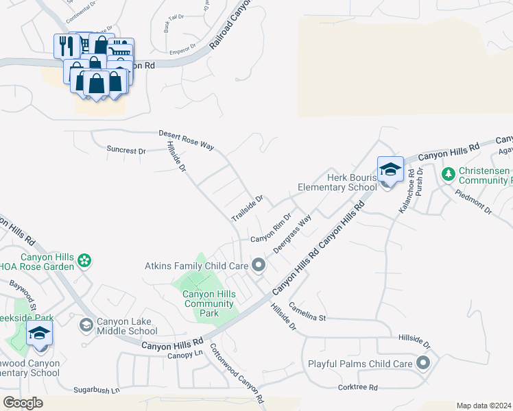 map of restaurants, bars, coffee shops, grocery stores, and more near 35329 Trailside Drive in Lake Elsinore