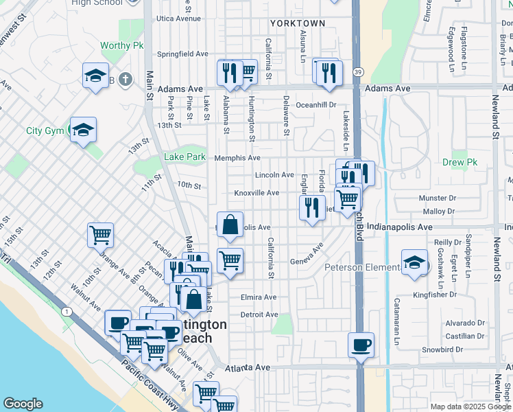 map of restaurants, bars, coffee shops, grocery stores, and more near 1004 Huntington Street in Huntington Beach