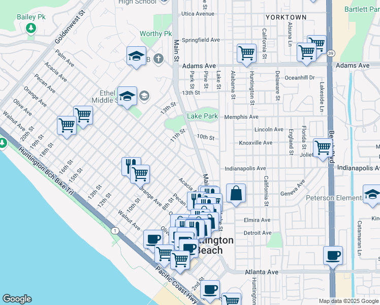 map of restaurants, bars, coffee shops, grocery stores, and more near 311 Crest Avenue in Huntington Beach