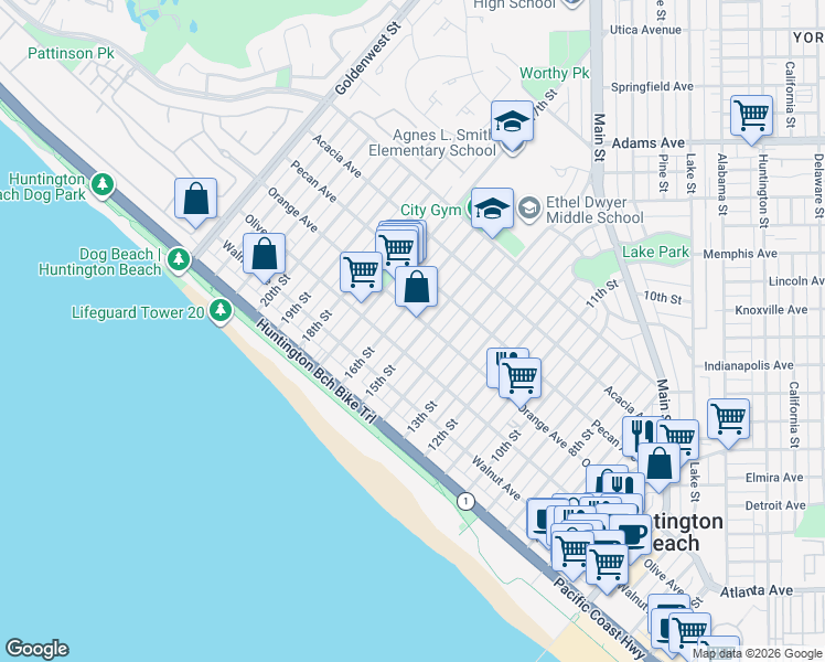 map of restaurants, bars, coffee shops, grocery stores, and more near 319 15th Street in Huntington Beach