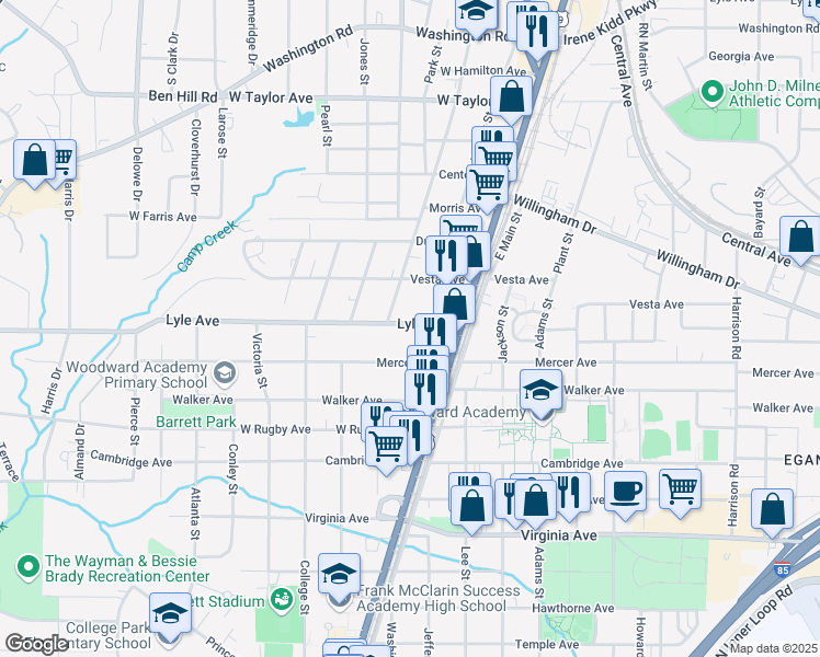 map of restaurants, bars, coffee shops, grocery stores, and more near 1770 Lyle Avenue in College Park