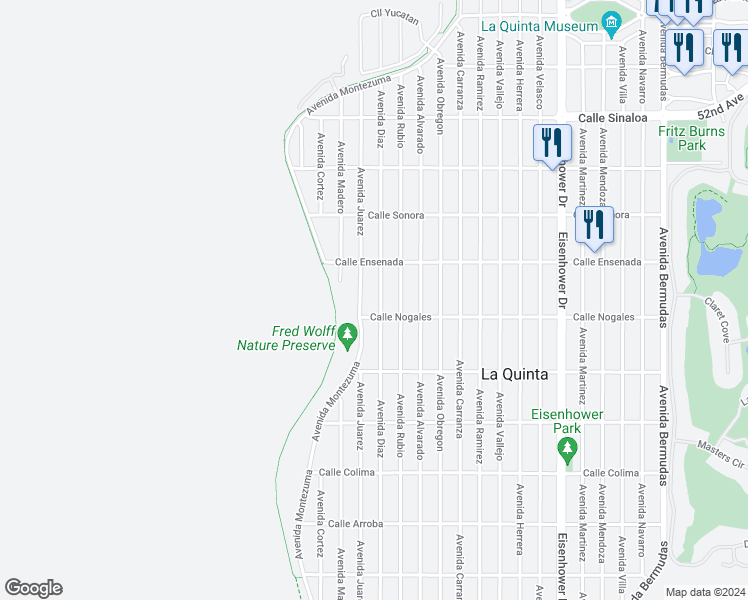 map of restaurants, bars, coffee shops, grocery stores, and more near 52645 Avenida Diaz in La Quinta