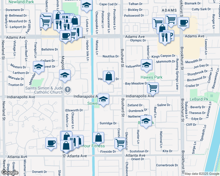 map of restaurants, bars, coffee shops, grocery stores, and more near 20412 Anchor Circle in Huntington Beach