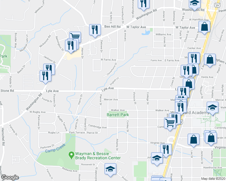 map of restaurants, bars, coffee shops, grocery stores, and more near 2050 Lyle Avenue in College Park