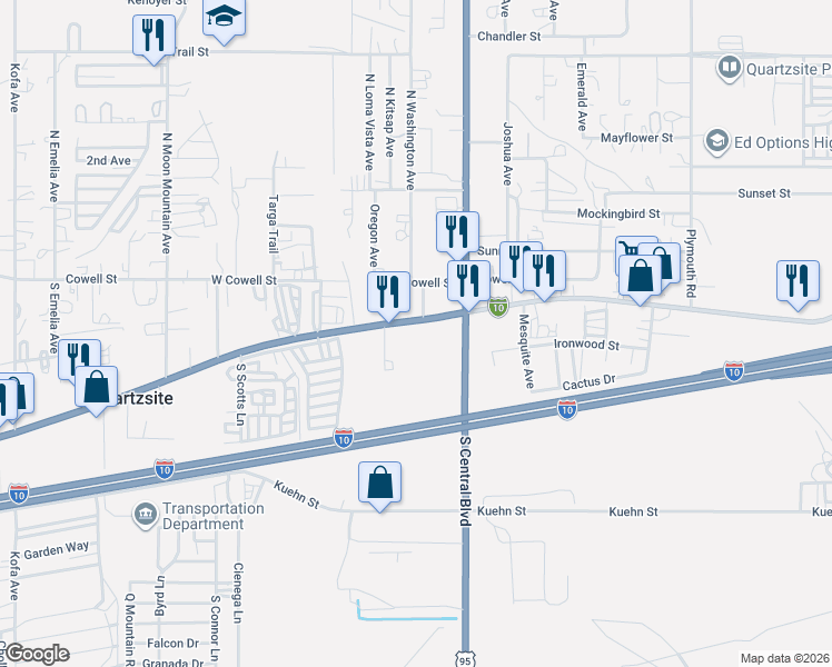 map of restaurants, bars, coffee shops, grocery stores, and more near 17 West Main Street in Quartzsite
