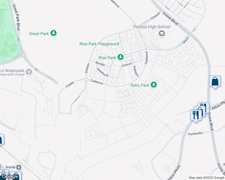 map of restaurants, bars, coffee shops, grocery stores, and more near North 2nd Street in Irvine