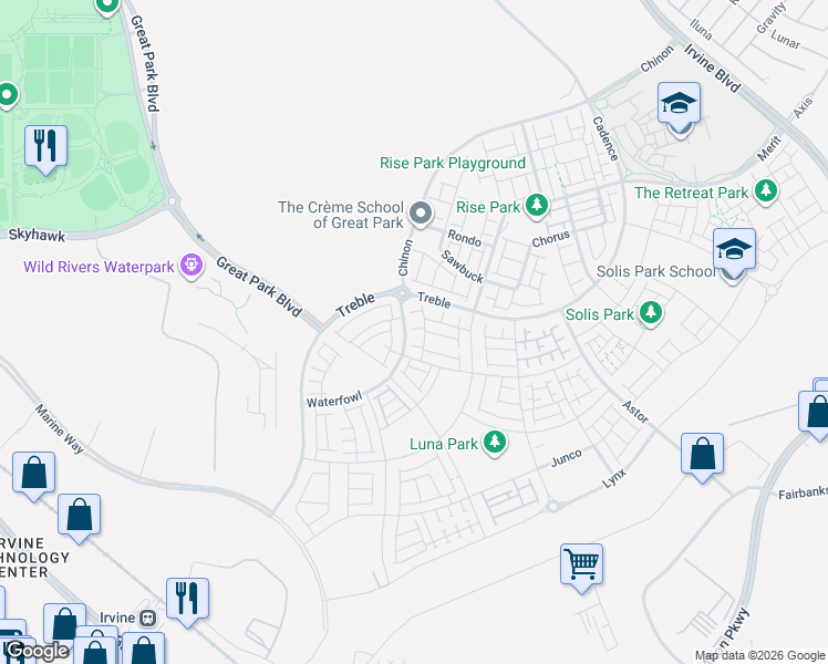 map of restaurants, bars, coffee shops, grocery stores, and more near Z Street in Irvine