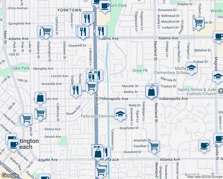 map of restaurants, bars, coffee shops, grocery stores, and more near 8141 Malloy Drive in Huntington Beach