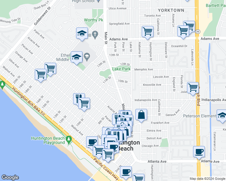 map of restaurants, bars, coffee shops, grocery stores, and more near 315 Crest Avenue in Huntington Beach