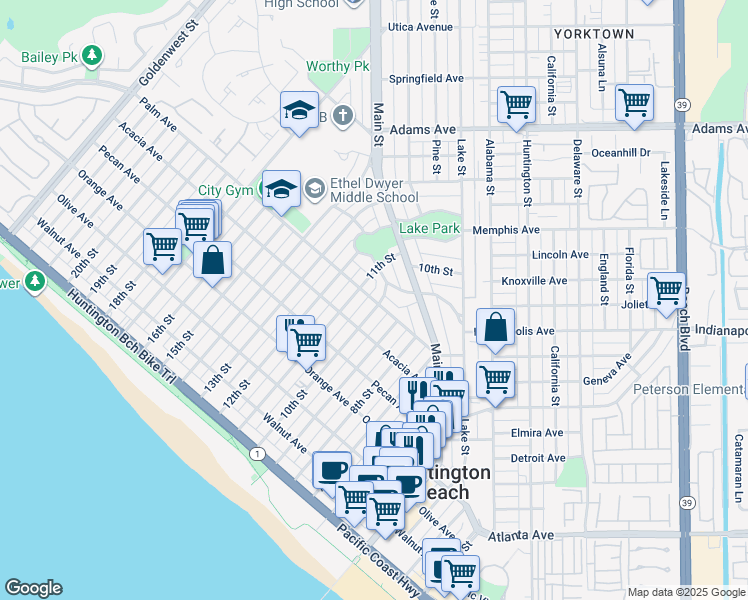 map of restaurants, bars, coffee shops, grocery stores, and more near 1005 Palm Avenue in Huntington Beach