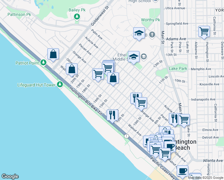 map of restaurants, bars, coffee shops, grocery stores, and more near 308 16th Street in Huntington Beach
