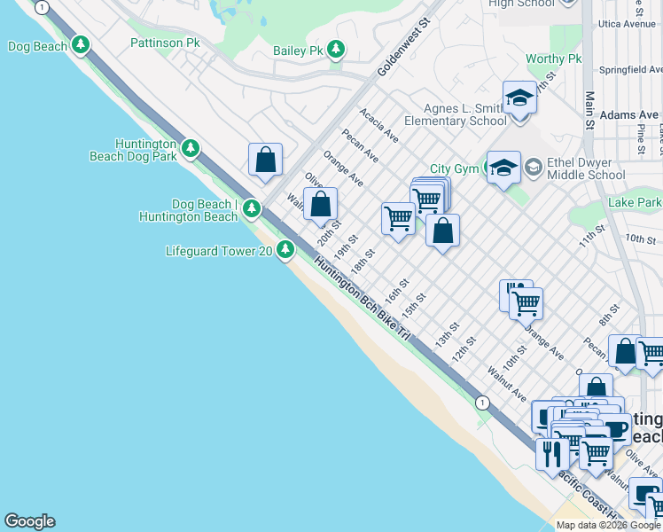 map of restaurants, bars, coffee shops, grocery stores, and more near in Huntington Beach