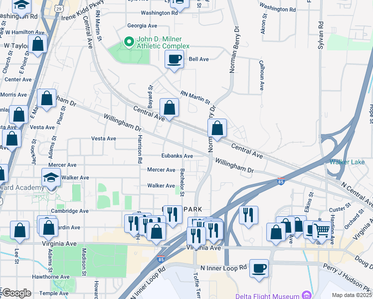 map of restaurants, bars, coffee shops, grocery stores, and more near 3286 Bachelor Street in East Point