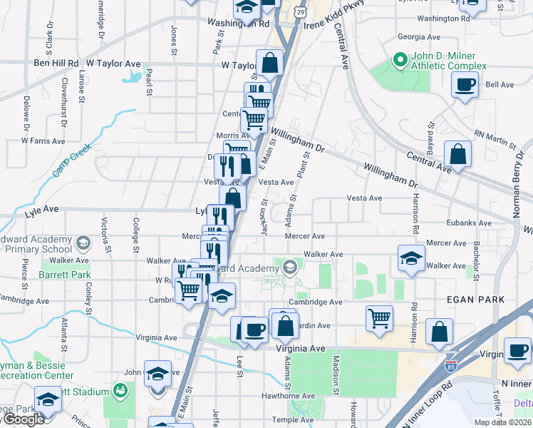 map of restaurants, bars, coffee shops, grocery stores, and more near 3288 Main Street in College Park