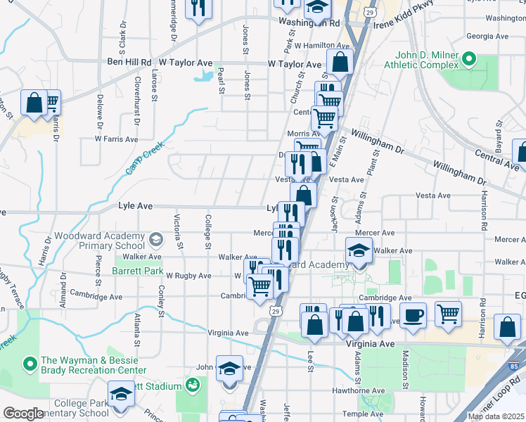 map of restaurants, bars, coffee shops, grocery stores, and more near 1820 Lyle Avenue in College Park