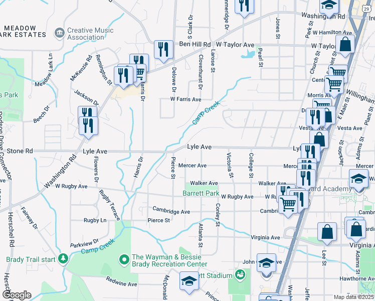 map of restaurants, bars, coffee shops, grocery stores, and more near 2078 Lyle Avenue in College Park
