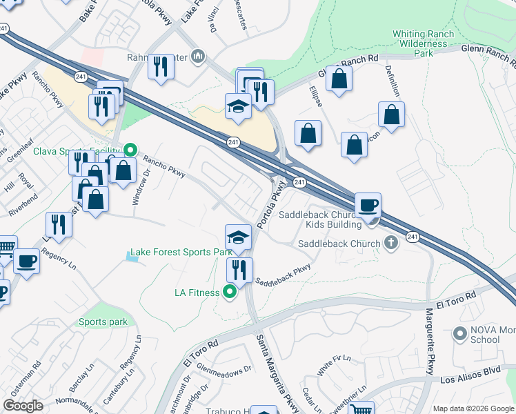 map of restaurants, bars, coffee shops, grocery stores, and more near 95 Mesa Verde Lane in Lake Forest